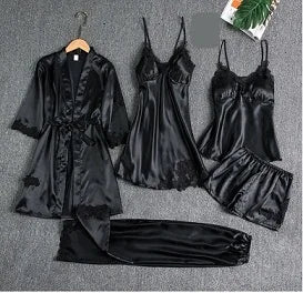 Flourish Undergarments 5 pcs Non Padded Silk Satin Pajama Set Cami Top Nightgown Nightwear Sleepwear Robe Sets Lace Nightdress nighty