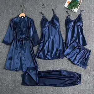 Flourish Undergarments 5 pcs Non Padded Silk Satin Pajama Set Cami Top Nightgown Nightwear Sleepwear Robe Sets Lace Nightdress nighty